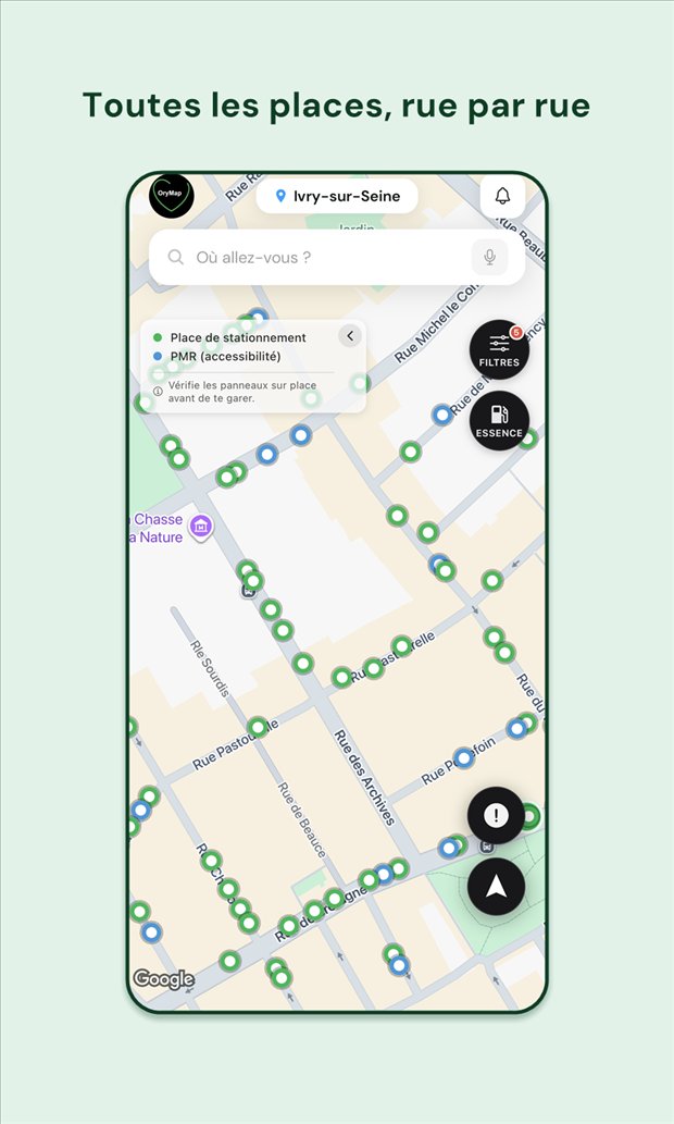 La carte OryMap : les places de stationnement en vert, les places réservées PMR en bleu
