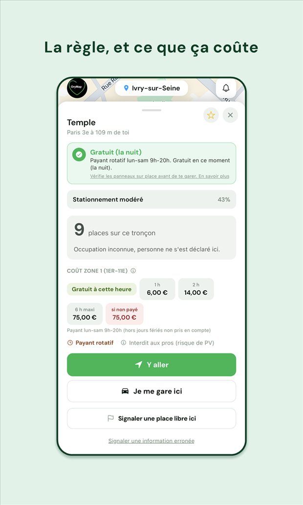 La fiche d'une place : gratuite la nuit, payante en journée, avec le détail des tarifs