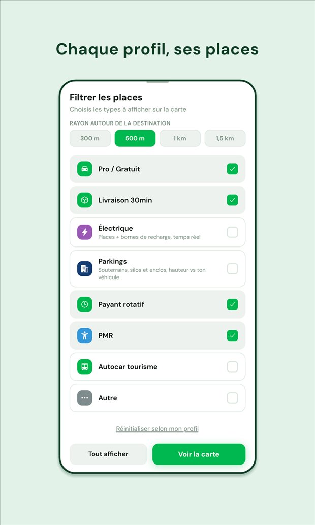 Les filtres OryMap : livraison, électrique, parkings, payant rotatif, PMR, autocar